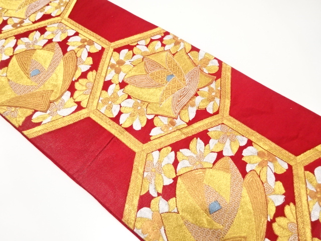 アンティーク　亀甲に花模様織り出し袋帯（着用可）